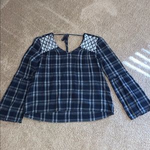 Blue, plaid, bell sleeve blouse